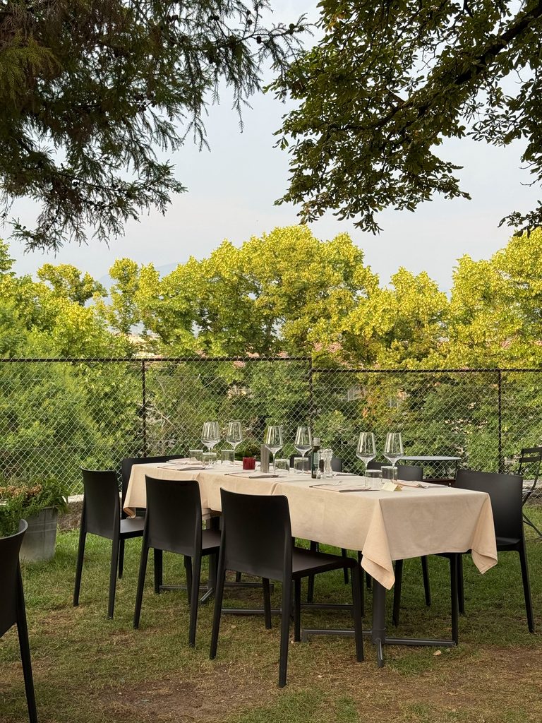 Tavolata apparecchiata all'aperto tra il verde, pronta per la cena / Outdoor table set among greenery, ready for dinner